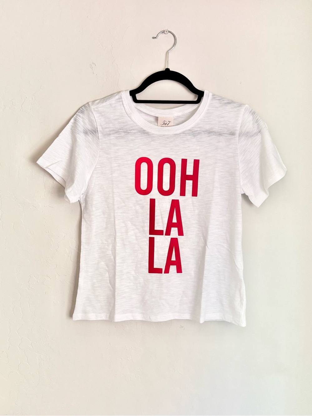 CINQ À SEPT ‘Ooh La La' Shrunken Graphic Tee, White Slub, Sz Small, NWT